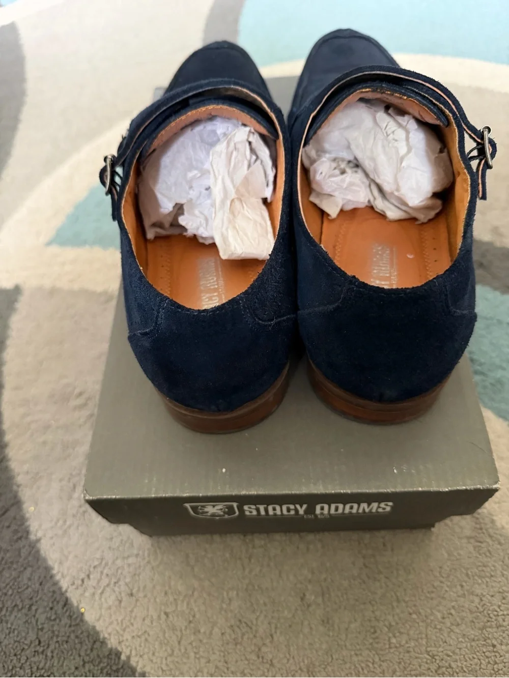Stacy Adams Navy Suede Double Monk Strap Oxfords with Tan Lining